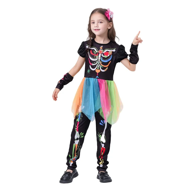 Kid Girls Halloween Costume Short Sleeve Skeleton Print Tulle Patchwork Jumpsuit Headpiece Oversleeves