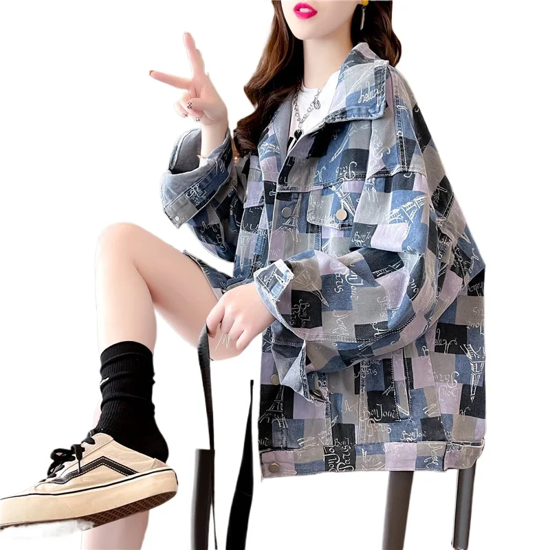 

Женская джинсовая куртка свободного кроя 2025: Новинка весенне-осенней коллекции, модная джинсовая куртка с надписями, верхняя одежда в клетку, куртка с длинными рукавами для женщин