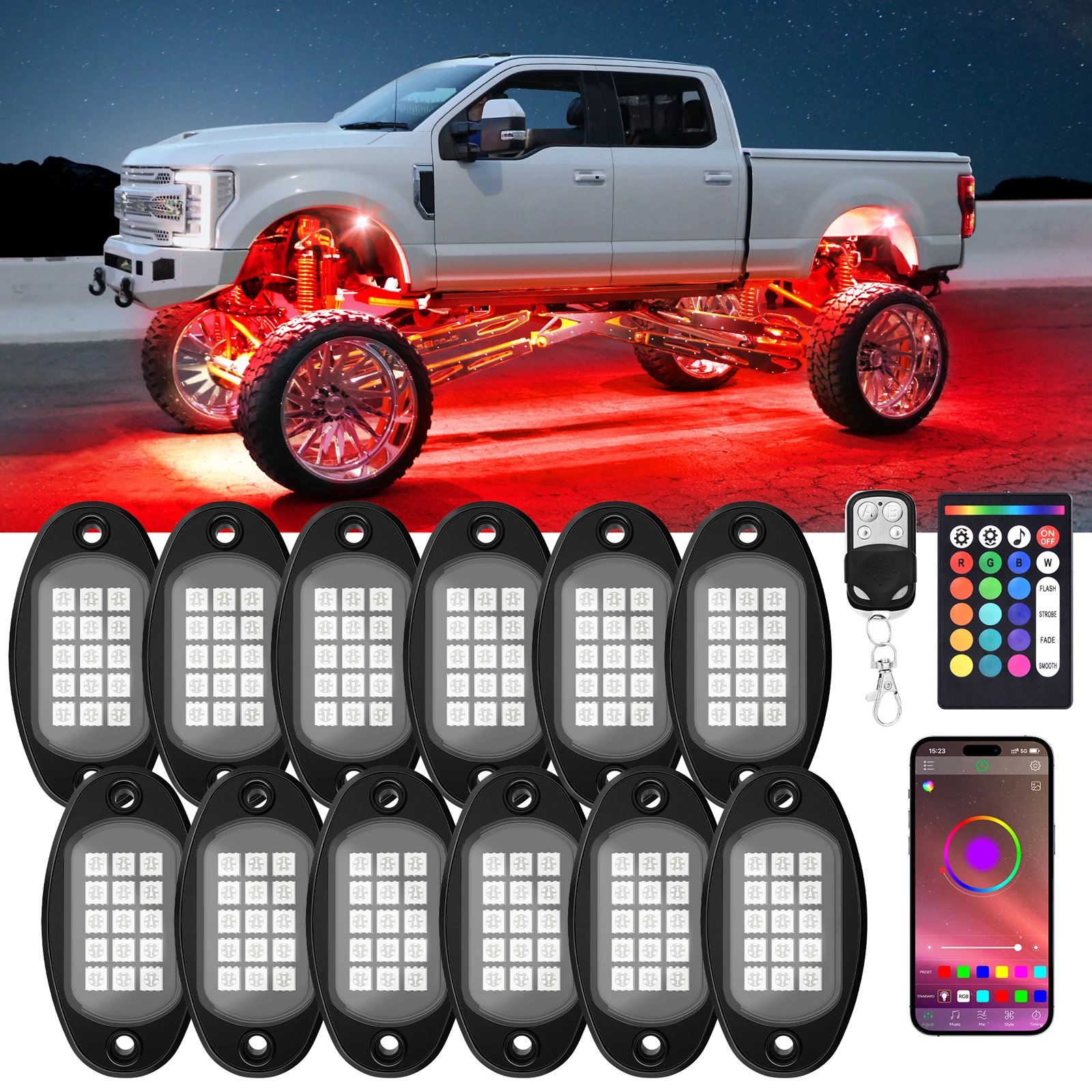 

MICTUNING 12 Pods RGB LED Rock Lights Waterproof Underglow Neon Light Kits With APP/Remote Control & Music Mode For Offroad Boat