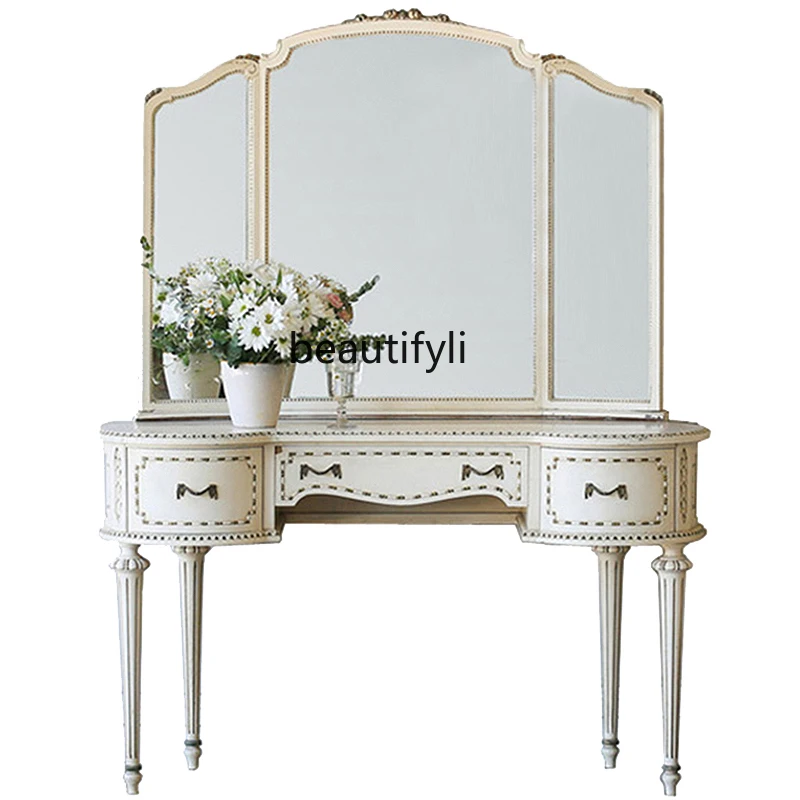 

French Style European Style Retro Nostalgic Solid Wood Circular Arc White as Old Dressing Table Makeup Table Mirror Stool