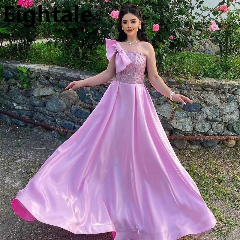 

Eightale 2025 Pink A Line Satin Prom Dress One Bow Shoulder Evening Dress Women Formal Party Gown Robes De Soirée