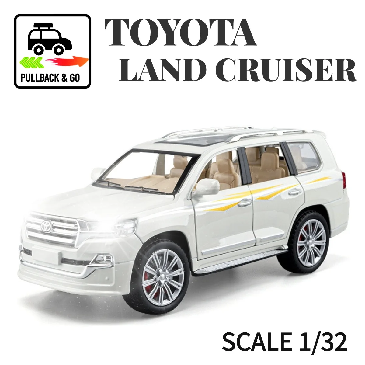 

Toyota Land Cruiser Scale 1:32 Pullback Car Toy with Lights Engine Sound, Metal Diecast Car Model Gift Kid Boy Toy