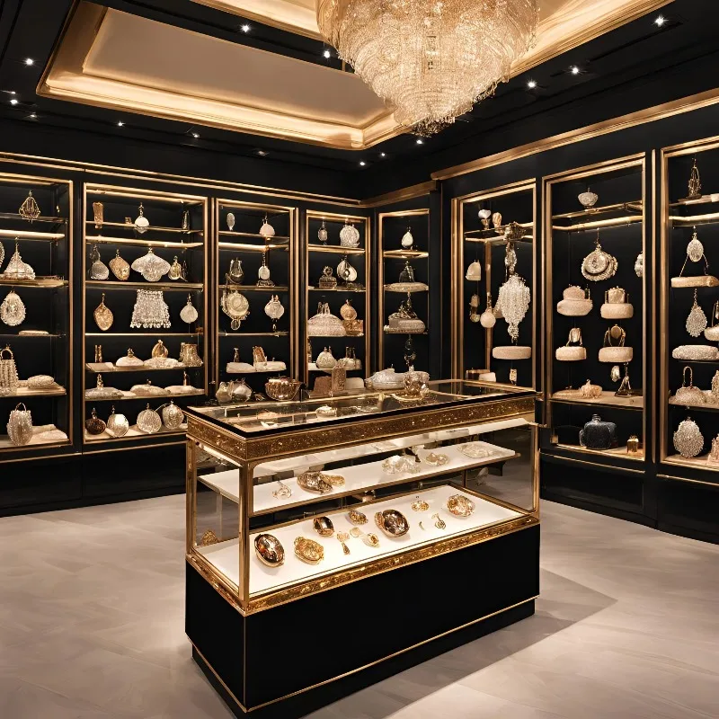 Vitrina de cristal de madera con cerradura de moda, vitrina de joyería con luz LED de acero inoxidable, caja para muebles