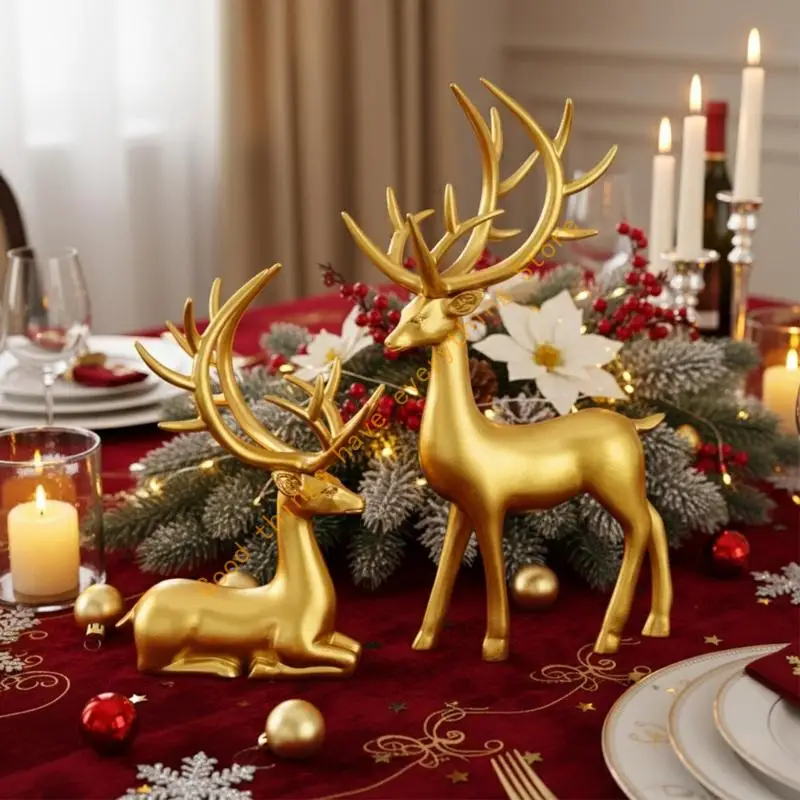 

2Pcs Festives Reindeer Sculptures Resins Christmas Deer Statues Decorations For Tabletop Mantels And Holiday Display 55KF
