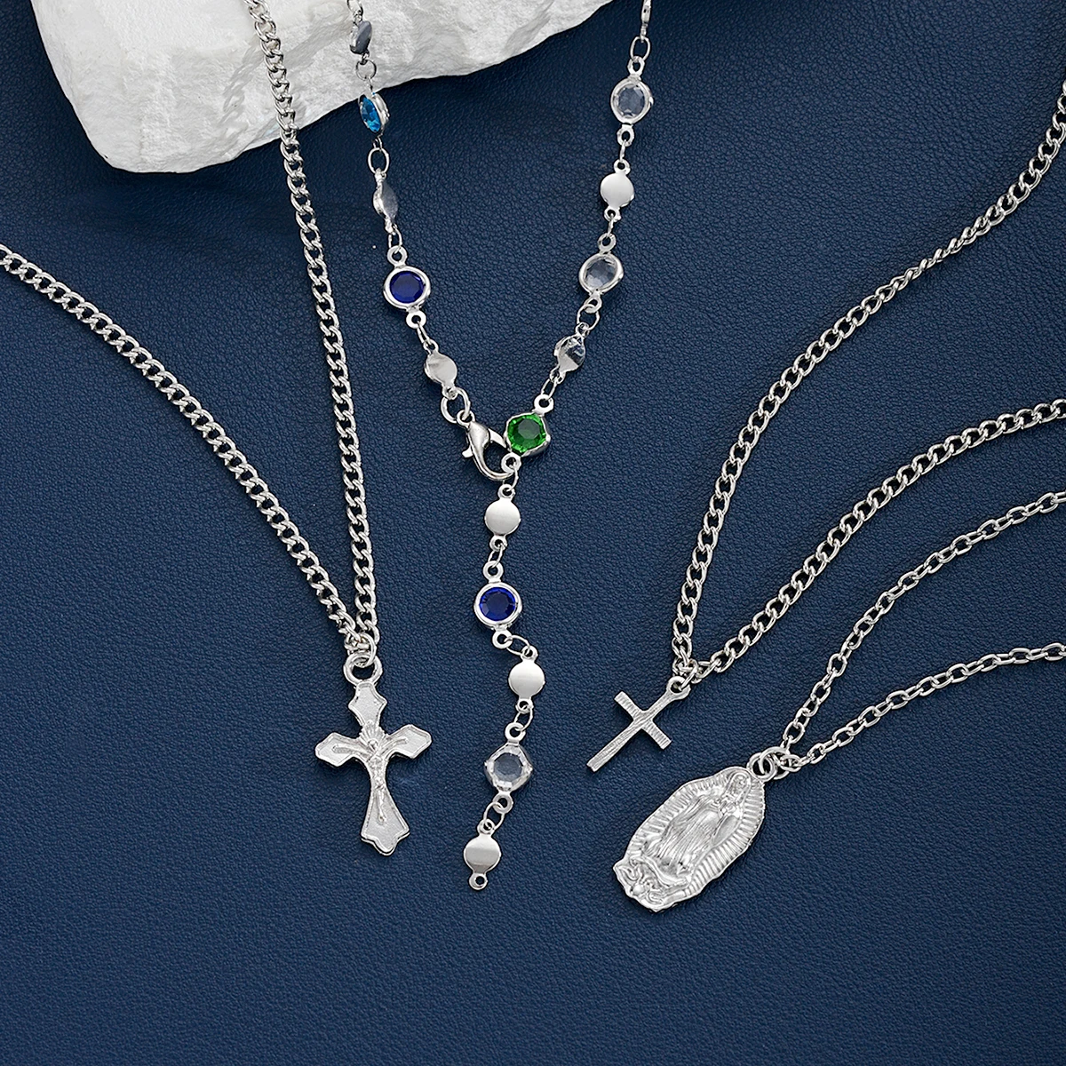 4Pcs/Set Cross Colorful Crystal Necklaces For Women Simple Gold Silver Color Y-Shaped Pendant Necklace Set New Christian Jewelry image 5