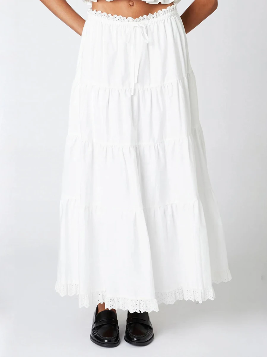 

Women s A-Line Long Skirt Low Waist Lace Eyelet Patchwork Tiered Skirt for Summer Spring