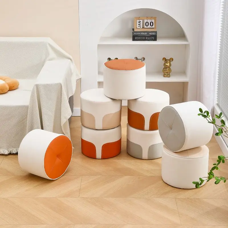 Living Room Soft Sofa Stools Cute Small Short Stool Shoe Changing for Home Use Ottomans Furniture PU Leather Solid Wood Frame