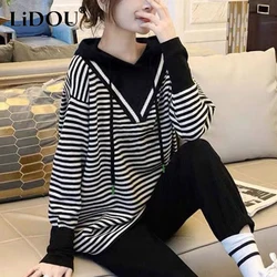 Spring Autumn Korean Style Vintage Striped Patchwork Hoodies Loose Casual Sweatshirt Lady Oversized All-match Top Women Pullover