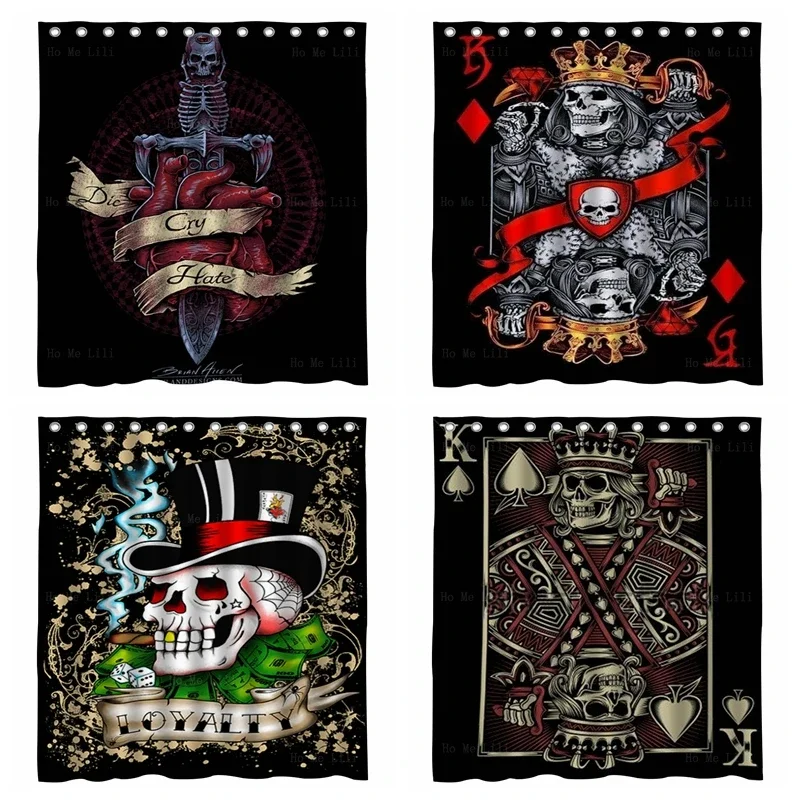 ハートのスケルトンキングシャワーカーテン、愛は真実、頭蓋骨、バラ、火の心、短剣、邪悪、暗いデザイン、ホーミーリリー