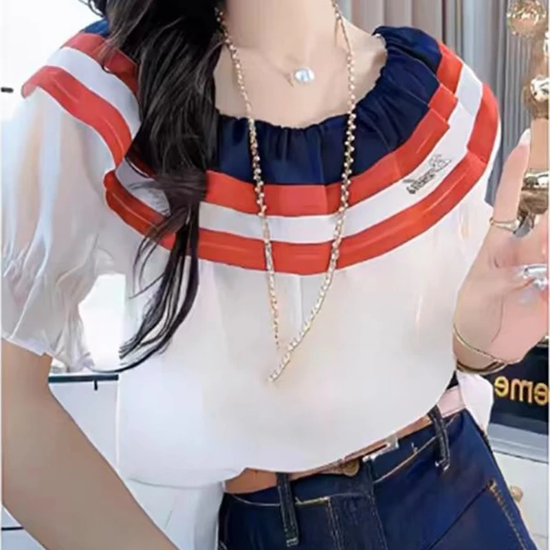 Shirt women's summer temperament fashion striped color matching word collar off-the-shoulder loose wild French sweet top