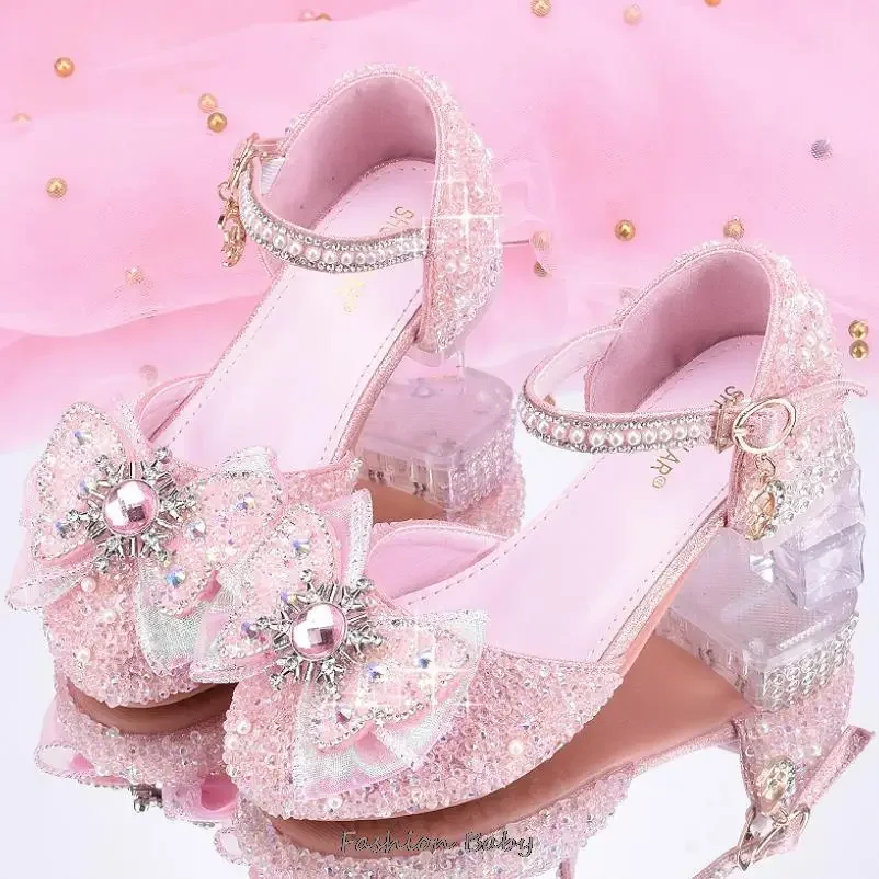 Princess White High Heels Shoes Girls Stage Catwalk Models Shoes Kid's Piano Children Dress Shoes Slipper Girl Party Sandals