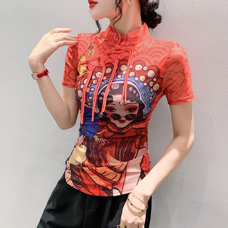 

Ретро-стиль женский топ с пуговицами и принтом, сексуальный, модный, для повседневной носки, летняя одежда