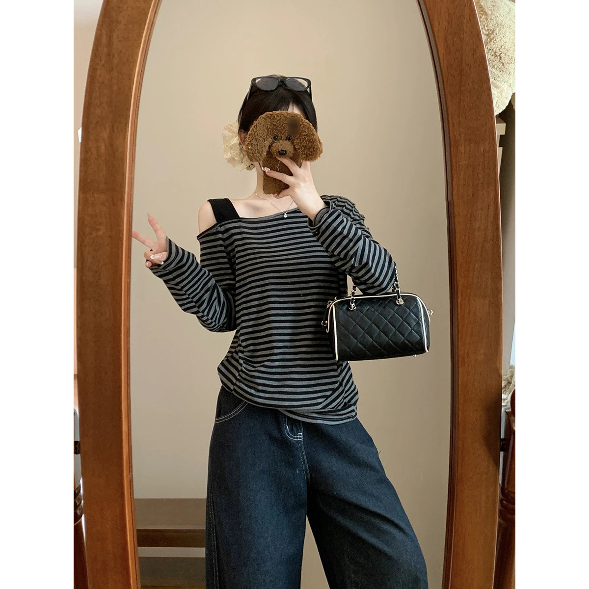 Womens Striped Polyester One Shoulder Long Sleeve For Top For Slim for Fit Regular Length for Cycling Beach Holiday Yoga Wear