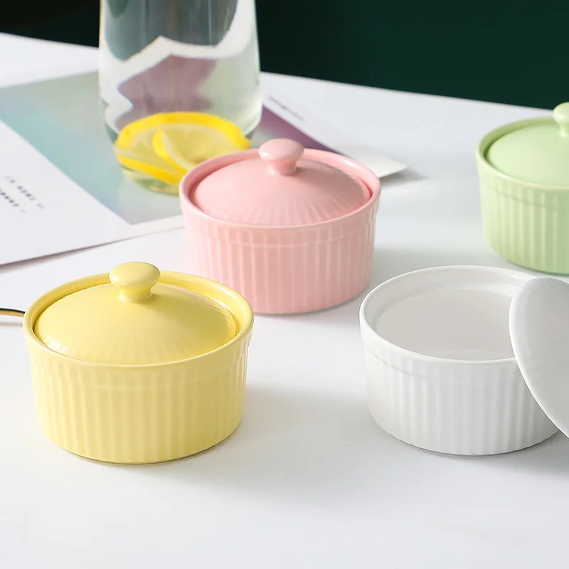 Ceramic Souffle Bowl Small Baking Bowl With Lid Stripe Cute Bowls Candy Colors Porcelain Soup Bowl Microwave Dessert Pink Bowl