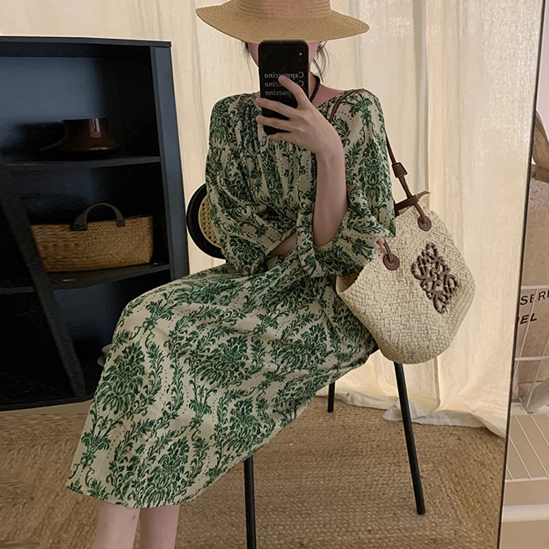 Ele Sommer Vintage rund Ne Blumendruck Gürtel lose Laterne Sve Long Dr Damen Faion Commute Sle Bubble Sl...