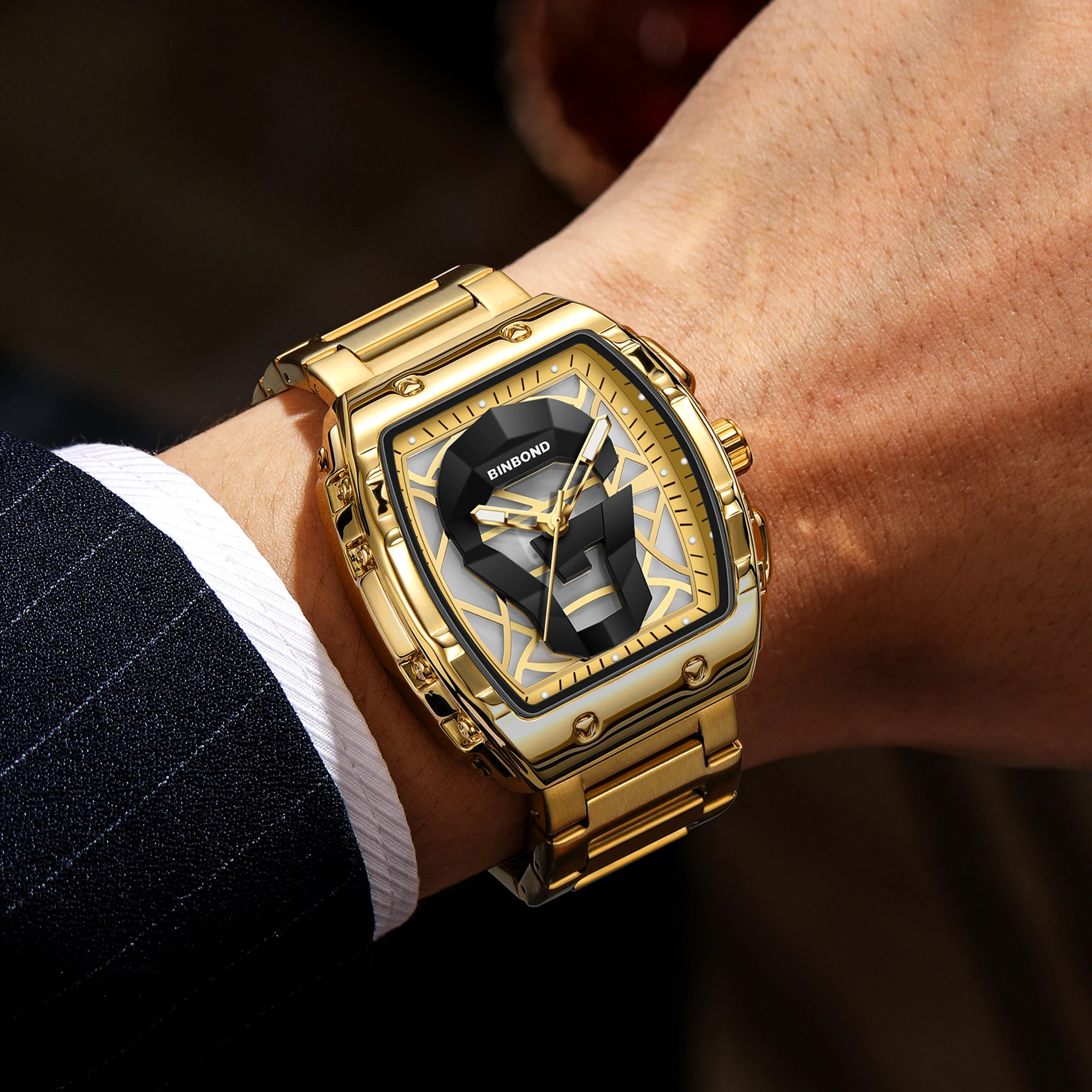 BINBOND Watches for Man Stainless Steel Bracelet Luminous Water-Resistance 3AT Fashion & Casual B8944 Quartz Wristwatches Gold