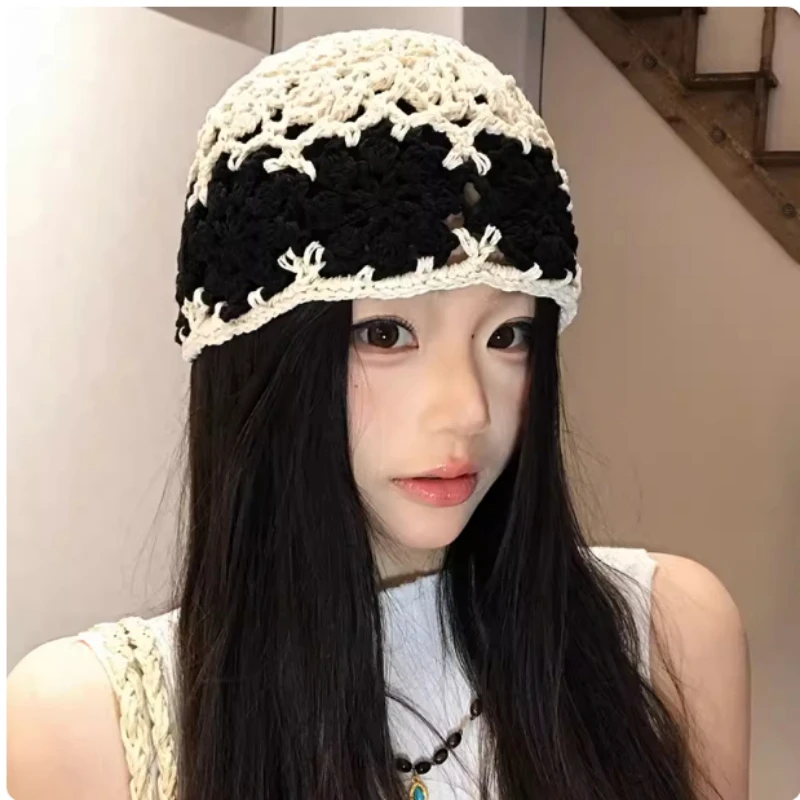 

Корейская версия: Вязаная крючком ажурная шапка-бини с цветами для женщин, тонкая, дышащая, весенне-осенняя, в форме купола