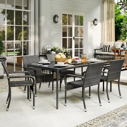 Set of 2 Stackable Outdoor Rattan Dining Chairs, All-Weather Firepits Armchair w/Armrests, Steel Frame for Garden