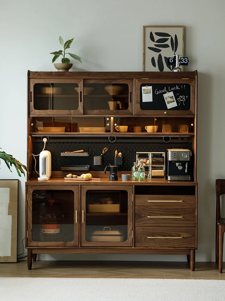 Nordic Sideboard Cabinet Solid Wood Bar Integrated Wall Storage Cabinet Black Walnut Japanese Glass High Cabinet