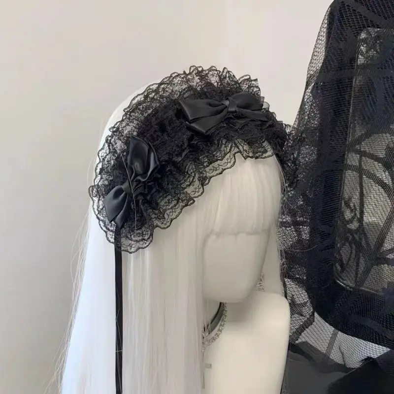

Lace Headband Lolita Maid Headdress Ornaments Vintage Black White Lace Spike Cross Hairbands Fold Bow Eye Mask