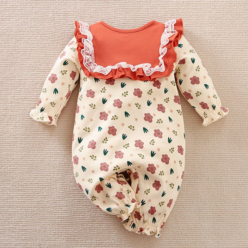 Autumn Baby Girls  Cute Romper Floral Print  Long Sleeves Jumpsuit  Infant Clothes Korean style small emerald flower