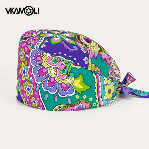 Imagen 2 del producto Gorros con estampado de flores para mujer, gorros ajustables para trabajadores de la salud, gorros esmerilados para trabajo en salón de belleza, laboratorio, tienda de mascotas