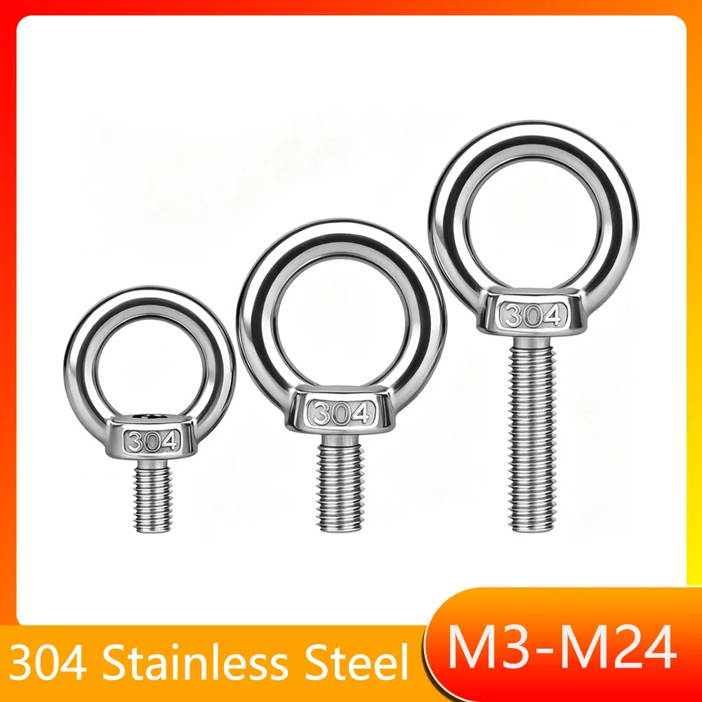 304 Stainless Steel Eye Bolt M3 M4 M5 M6 M8M10M12M14M16M18M20M24 Marine Lifting Eye Screws Ring Loop Hole for Cable Rope Eyebolt