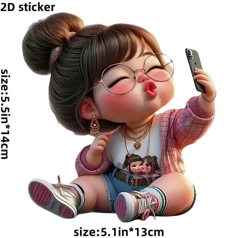 1Pc Bun Hairstyle Girl With Glasses Taking Selfie Waterproof Vinyl Sticker, Decor Decal for Car Helmet Laptop Water Bottle Wall