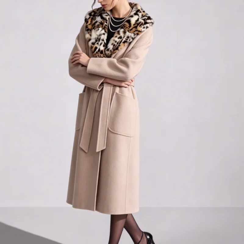 2026 AW Ladies Reversible Cashmere Long Jacket Oatmeal Detachable Leopard Fur Collar Robe Cut Coat Lightweight Drapey Outerwear