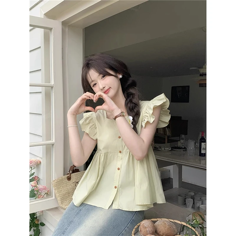 

Летняя кукла из чистого хлопка, круглый топ Ne Gentle Fce Svel, корейская свободная посадка, модная женская блузка