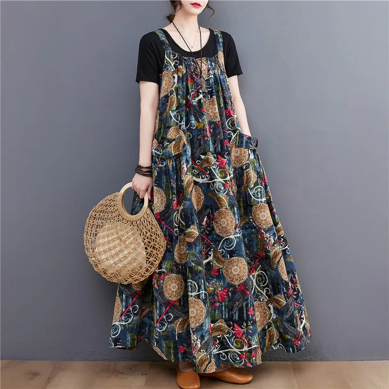 5094 Summer Fashion Ethnic Style Floral Printed Long Dress Loose Casual Large Swing Women Mom Daily Pullover Suspender Skirts