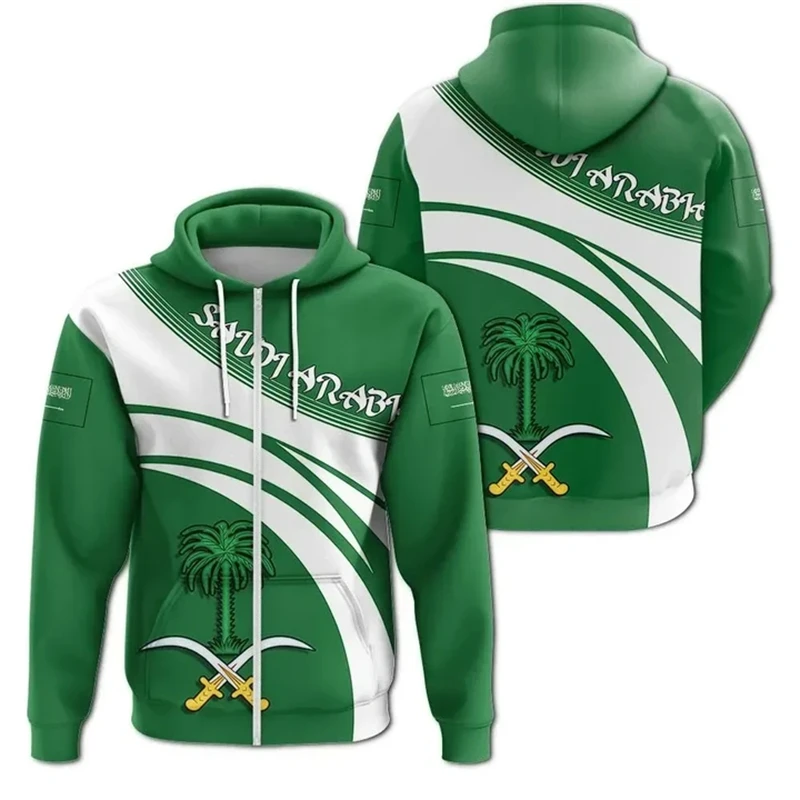 Saudi Arabia Flag Map Graphic Hooded Sweatshirts SA National Emblem Zip Up Hoodie For Men Clothes Casual Male Sports Pullovers