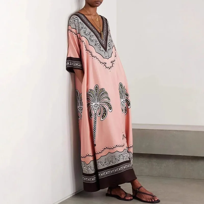 Jesienna sukienka satynowa z dekoltem w serek, długa, elegancka, luźna, w stylu retro, etniczna, codzienna, z rękawem do połowy, w stylu boho, idealna na plażę.