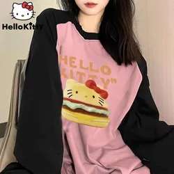 Sanrio Hello Kitty Pure Cotton Color Blocked Shoulder T-shirt Female Niche Design Long Sleeved Top Korean Style Loose Print Tees