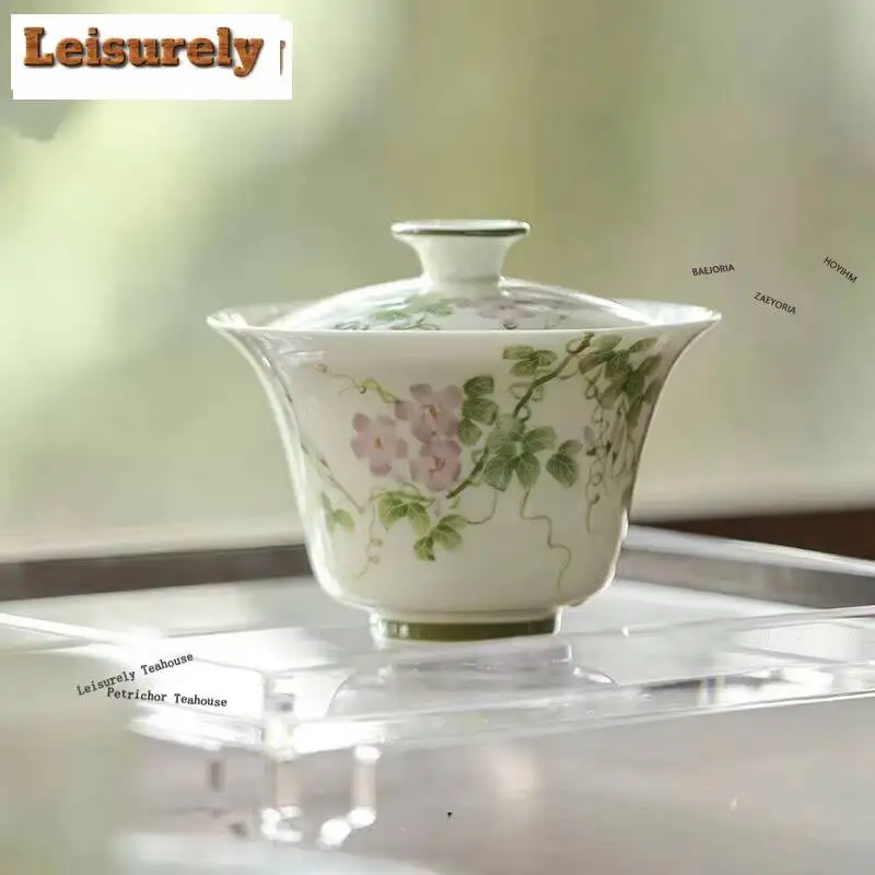 150ml Little Green Ceramic Hand-painted Morning Glory Gaiwan Aesthetic Tea Tureen Tea Bowl With Lid Kit Tea Maker Cover Bowl
