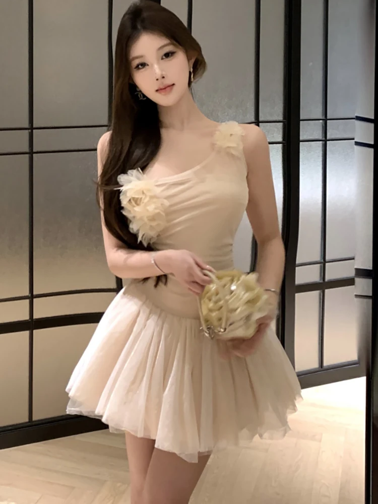 Women Solid Mesh Patchwork Ruffled A-line Short Dress Summer Elegant Diagonal Collar Dress 2026 Korean Fashion Bodycon Vestidos