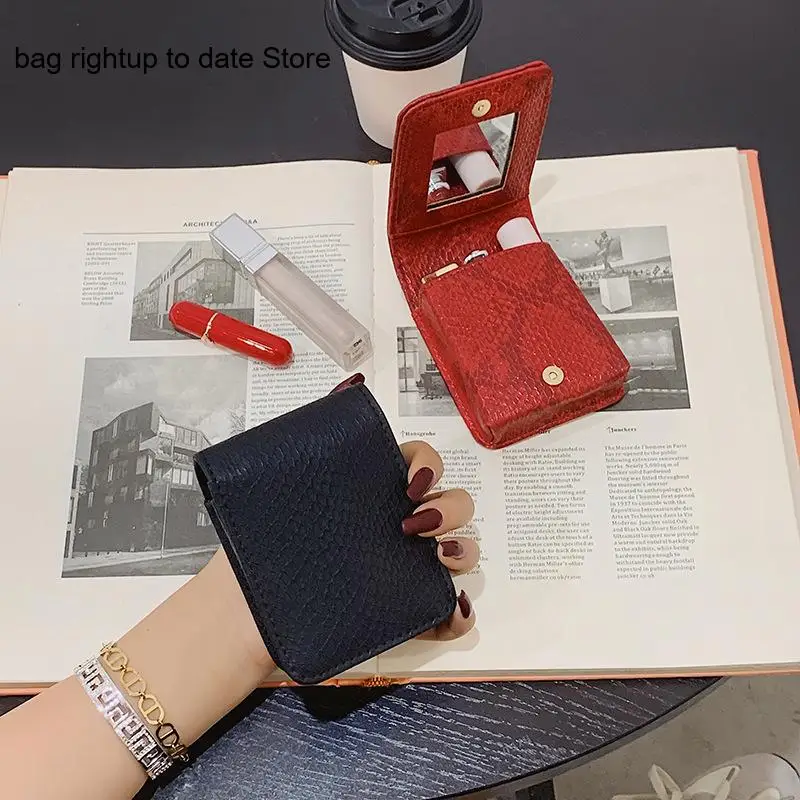 Portable Small Women's Creative Crocodile Pattern with Mirror Makeup Lipsticks Envelope Mini Storage Bag
