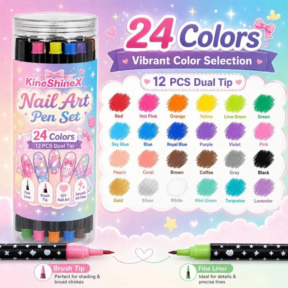 Dual Tip Nail Art Pen Set Fine Liner Nail Art Brush 12 Pieces 24 Colors for DIY French Tips Detailed Manicure Designs