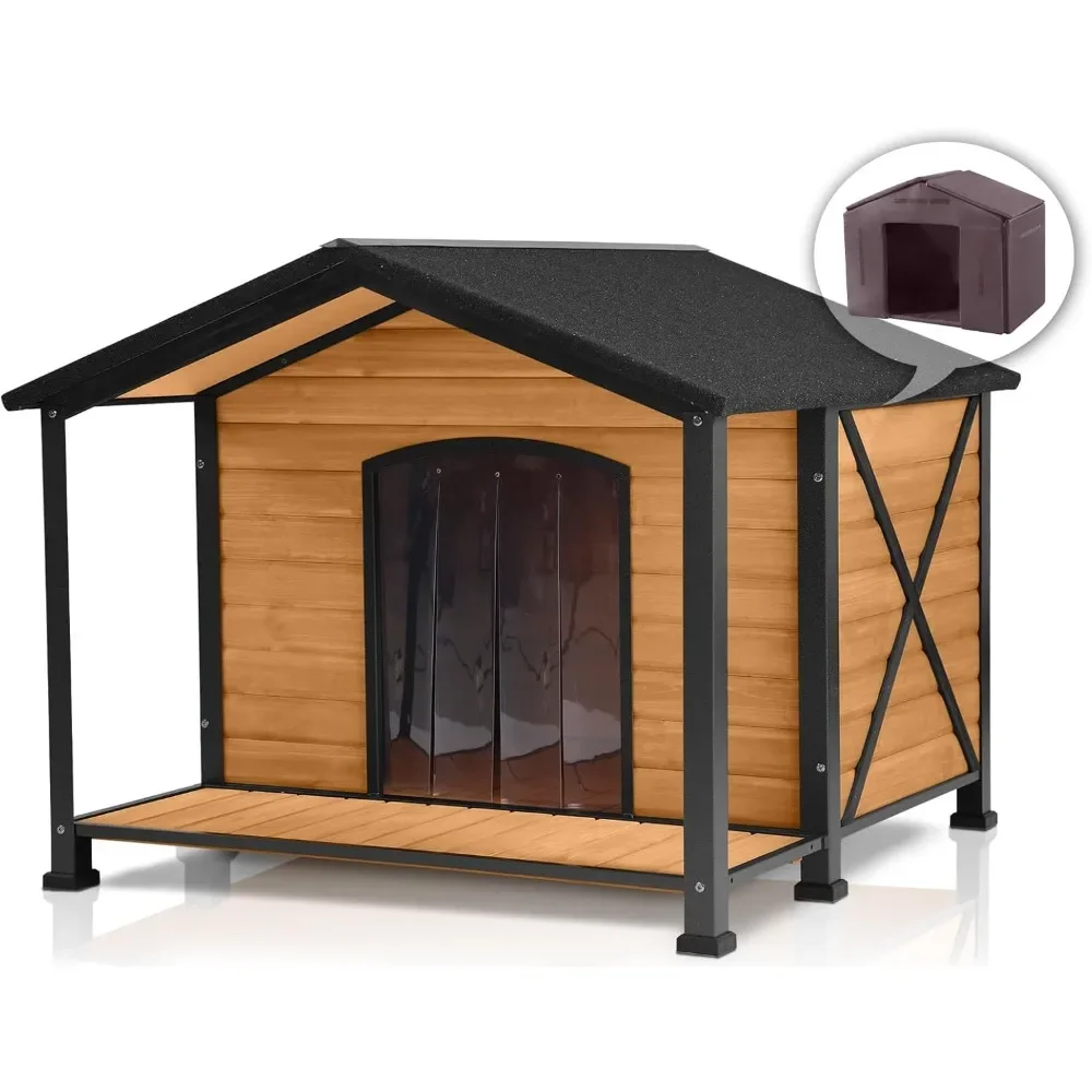 

Insulated Dog House Outdoor - Large All-Around Iron Frame - Fir Wood Construction and Weatherproof- Ideal for All Dog Breeds