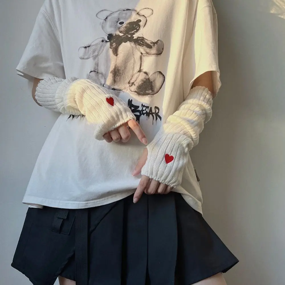 Gants sans doigts Y2K à manches longues chaudes élastiques, style coréen, broderie cœur, chauffe-bras, doux amour