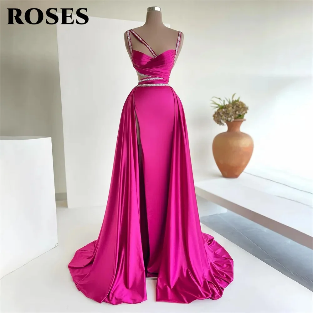 Rosen tief rosa Meerjungfrau Abendkleider Perlen Träger glänzende Satin Dubai formelle Ballkleid Arabien plissierte Promi-Party kleider