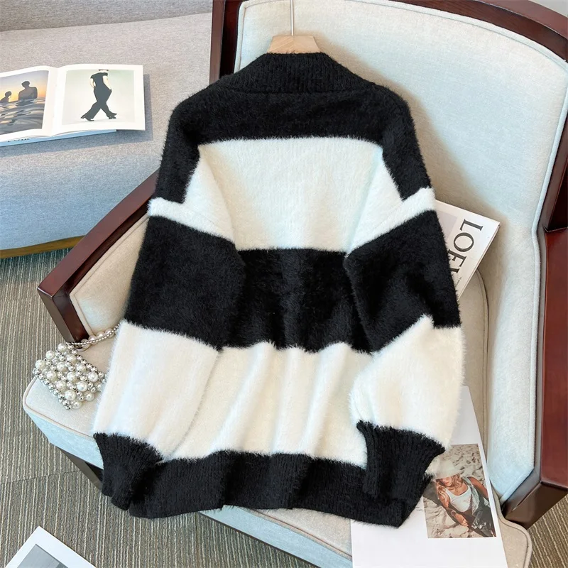 EHQAXIN Autumn Winter Women's Sweater Cardigan Fashionable Loose Retro Striped Knitted Sweater Warm Velvet Coats Ladies S-3XL