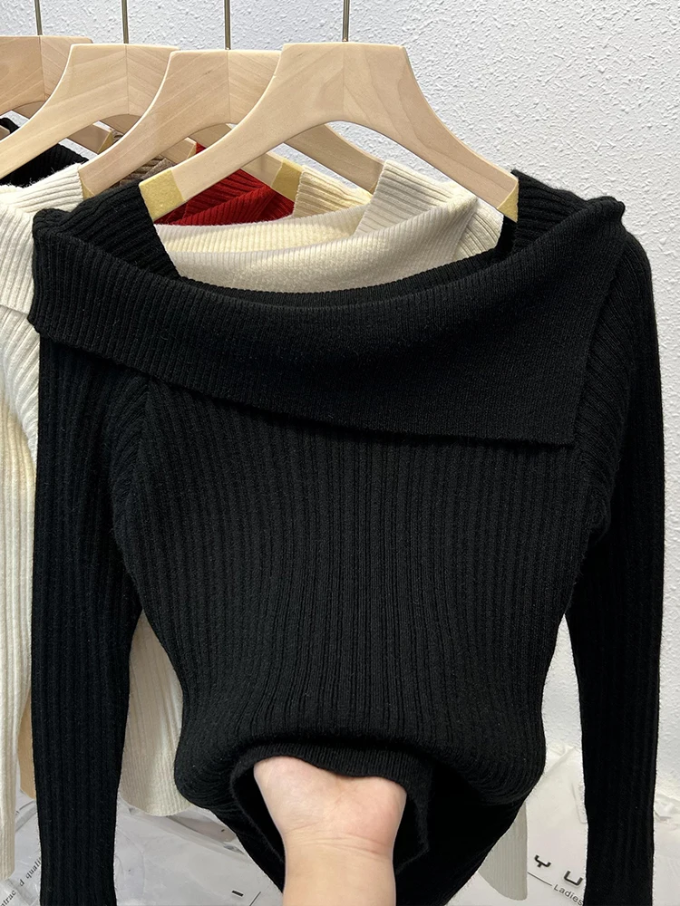 One Neck Jumper Women\'s Pullover Knitted Bottoming Shirt Autumn and Winter New French Jumper Inside Chic Pullover Tops