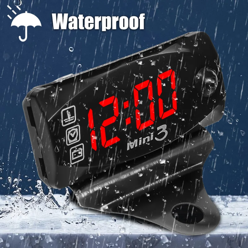 3 In 1 Motorcycle Voltmeter Waterproof Dustproof Electronic Thermometer Universal Electronic Clock LED Digital Display Equipment