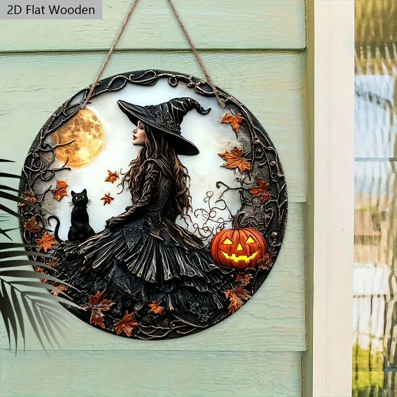 مسطح ثنائي الأبعاد، قطعة واحدة، 7.87 بوصة لافتة خشبية لساحرة الهالوين والقطة السوداء - لافتة عيد الهالوين اليقطين الإرهابية الفريدة للباب الأمامي، معلقة على الحائط #3