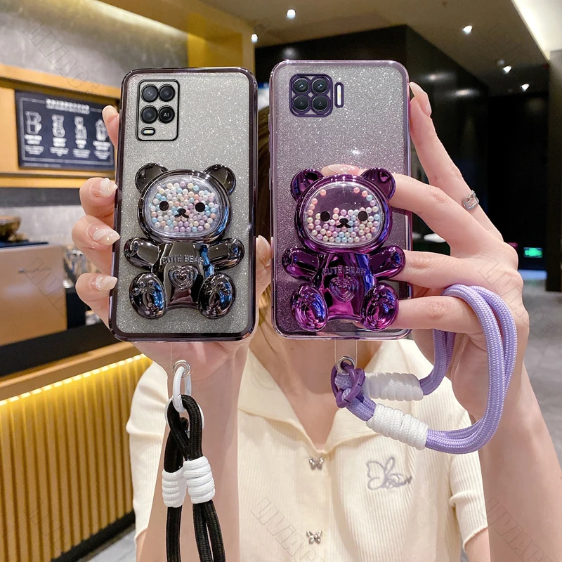 A 72 74 78 Gilitter Bear Wrist Strap Phone Case For Oppo A58 A72 A93 A74 A97 A96 A91 A93 A94 A95 A52 A92 A38 A53 A76 Stand Cover