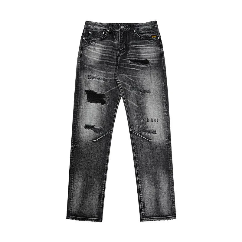 أسود وجينز للرجال، طراز خريف 2025 الجديد، سراويل حنين كلاسيكية بفتحة ممزقة ومستقيمة الساق
