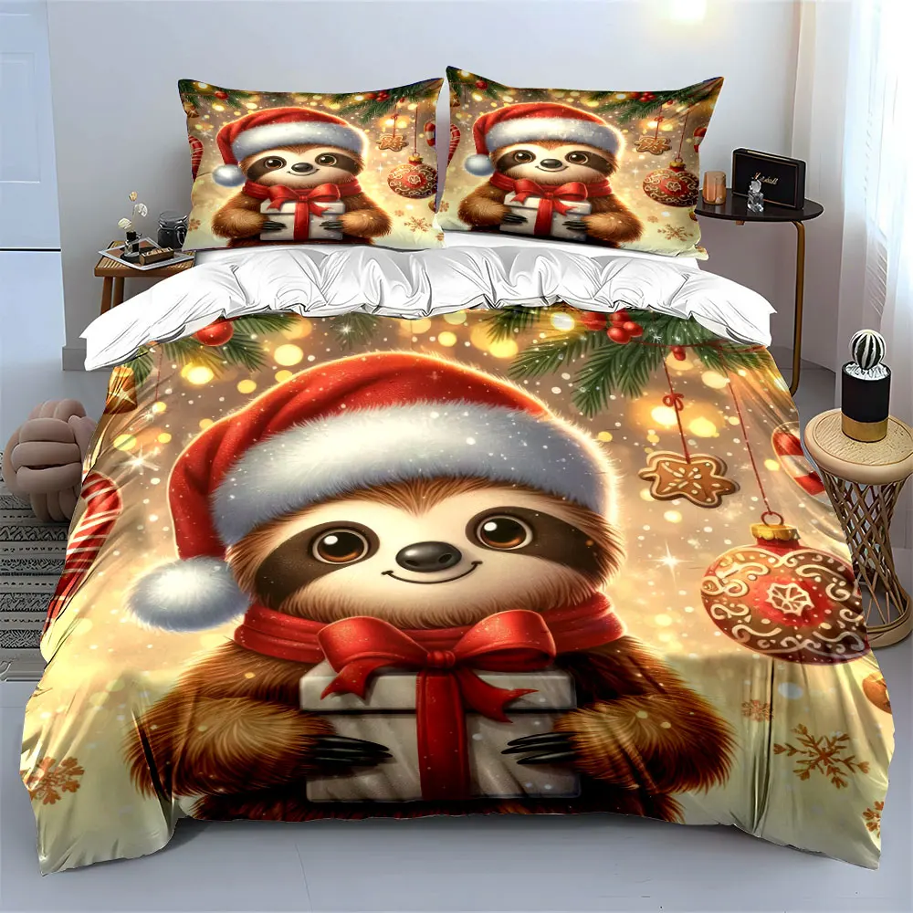Cute sloth wearing a Santa hat smiles and holds a gift box Print Duvet Cover Bedding Set Included 1*Duvet Cover 2*Pillowcases