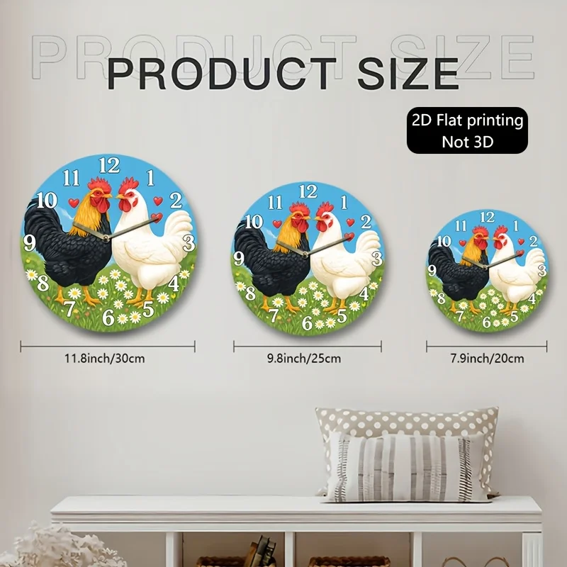 1 Pack, 2D Flat Wall Clock, Two Roosters with Red Cockscombs, Yellow Hearts, Blue Sky, Green Grass, Daisies, Suitable for Kitchen, Dining Room, Farmhouse, Living Room, Bedroom Decoration