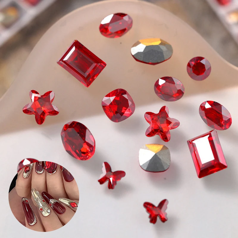 5PCS Sparkle Ice Translucent Big Red Sharp Diamonds Crook Butterfly Square Nail Art Rhinestones Decorations Manicure Ornaments